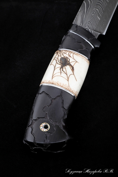 Gadfly knife 2 Damascus end handle black hornbeam carved + moose horn with engraving