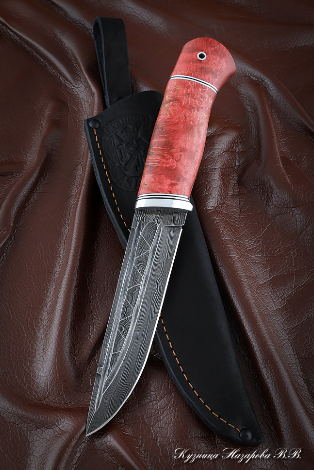 Нож Вепрь дамаск камень карельская береза стабилизированная красная