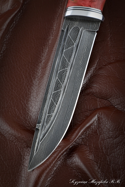 Knife Boar Damascus stone Karelian birch stabilized red