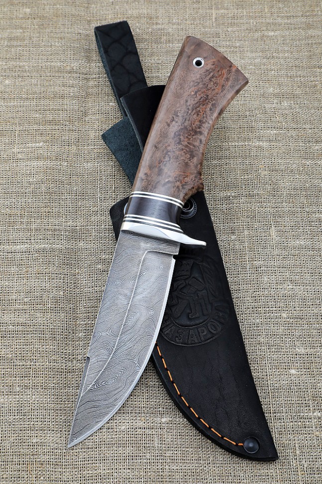 Нож Гепард дамаск рукоять черный граб карельская береза коричневая