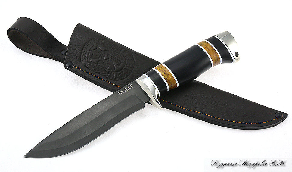 Knife Varan wootz steel melchior black hornbeam stabilized Karelian birch (amber)