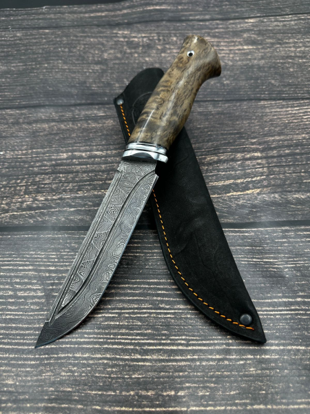 Gadfly knife: Damascus steel-stone handle Karelian birch brown (Sale)