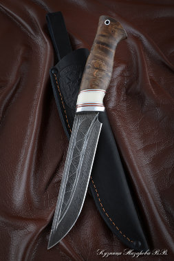 Knife Gadfly 2 Damascus stone Karelian birch stabilized brown acrylic white