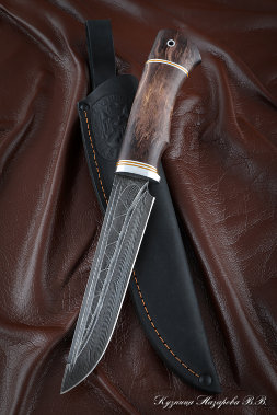 Нож Сапер дамаск камень карельская береза стабилизированная коричневая