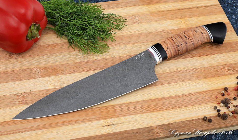 Кухонный нож Шеф № 12 сталь К340 рукоять береста черный граб