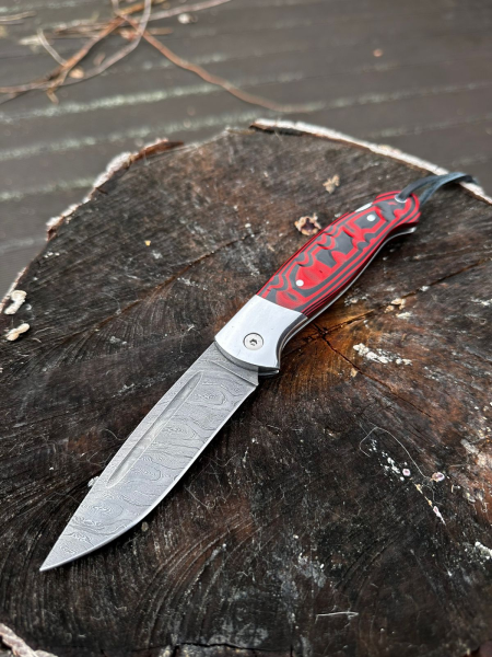 Складной нож &quot;Сова&quot; сталь дамаск, накладки G10 красные (распродажа) 