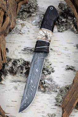 Knife Fighter Damascus End Black hornbeam moose horn Carved (Coutellia)