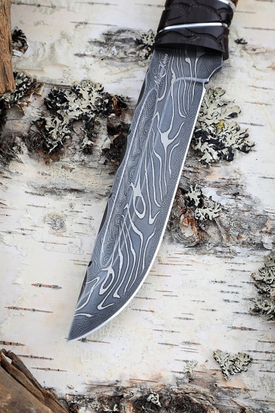 Knife Fighter Damascus End Black hornbeam moose horn Carved (Coutellia)