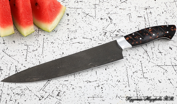Кухонный нож Шеф № 14 сталь Х12МФ рукоять акрил коричневый