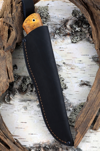 Нож Тайга дамаск ламинированный черный граб стабилизированная карельская береза (янтарь) (Coutellia)