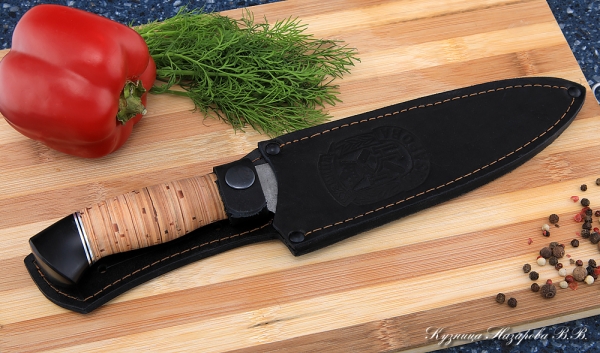 Кухонный нож Шеф № 9 сталь К340 рукоять береста черный граб