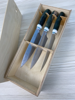 Набор из 3 кухонных ножей из дамасской стали с никелированием в футляре