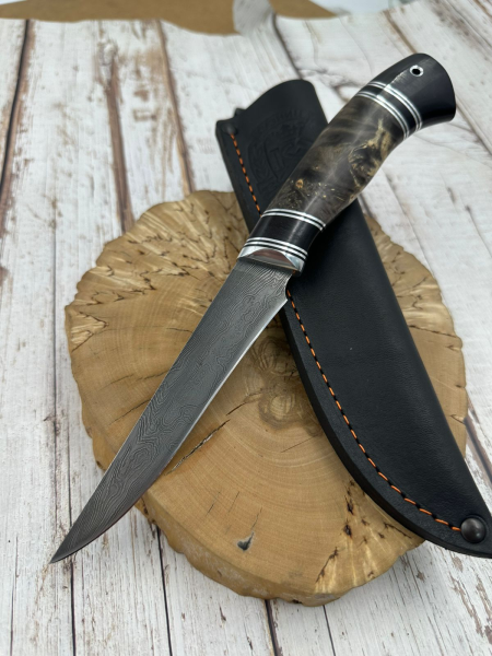 Нож филейный &quot;Касатка&quot; малый сталь дамаск , рукоять кап клена и черный граб (распродажа) 