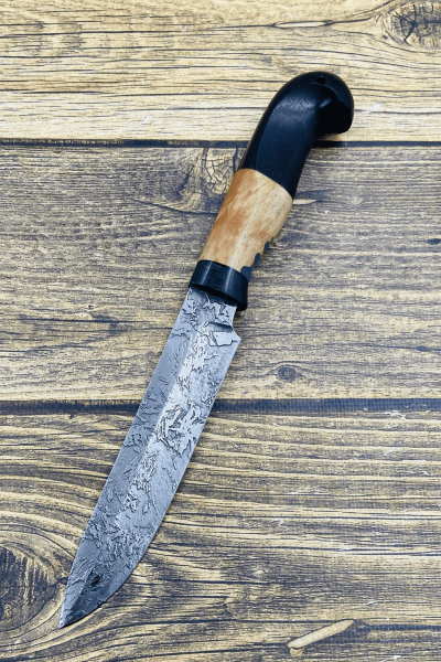 Нож "Мурена" сталь D2, рукоять гибрид : карельская береза янтарь и акрил синий, черный граб (распродажа)