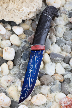 Falcon Damascus end knife with bluing black hornbeam carved (Coutellia)