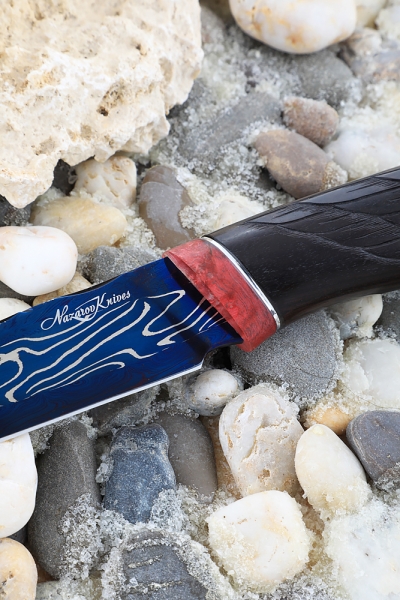 Falcon Damascus end knife with bluing black hornbeam carved (Coutellia)