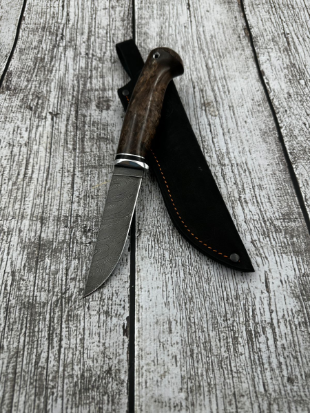 Нож Путник дамаск карельская береза коричневая (Распродажа) 