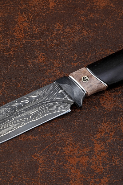 Wanderer Damascus laminated knife with a dole handle carbon Karelian birch brown black hornbeam