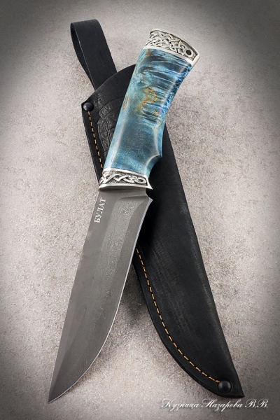 Нож Оса булат мельхиор стабилизированная карельская береза (синяя) 2