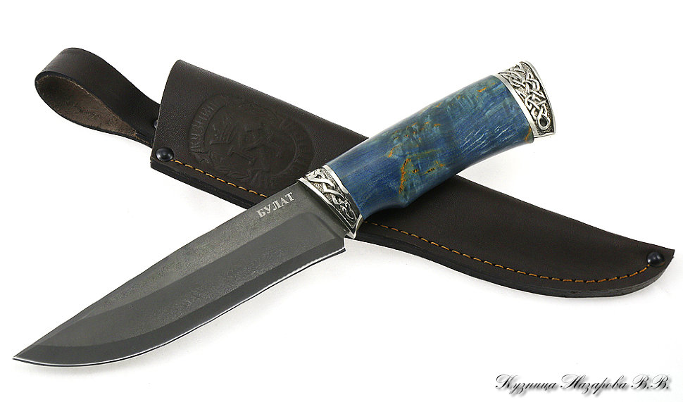 Knife Wasp wootz steel melchior stabilized Karelian birch (blue) 2
