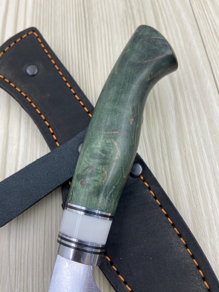 Нож Шеф овощной дамаск с никелированием, рукоять стабилизированная карельская береза зеленая