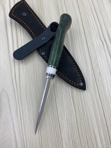 Нож Шеф овощной дамаск с никелированием, рукоять стабилизированная карельская береза зеленая