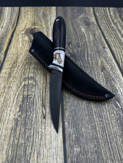 Weasel knife steel X12MF handle elk horn with pyrography and black hornbeam (SALE)