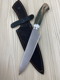 Кухонный нож Шеф № 9 дамаск никелированный рукоять стабилизированная карельская береза зеленая