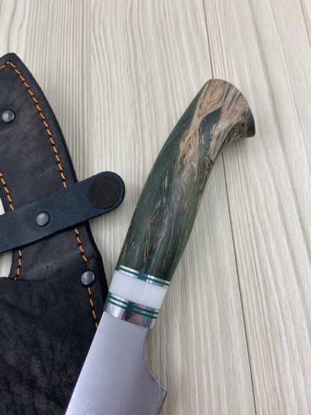 Кухонный нож Шеф № 9 дамаск никелированный рукоять стабилизированная карельская береза зеленая