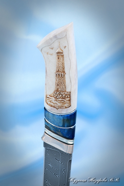 Knife Boar Damascus stainless mokume-gane Karelian birch blue walrus tusk carved on a stand