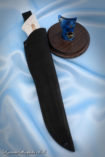 Knife Boar Damascus stainless mokume-gane Karelian birch blue walrus tusk carved on a stand
