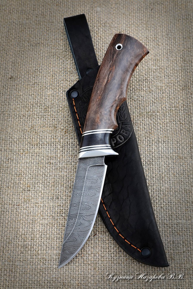 Нож Ежик дамаск рукоять черный граб карельская береза коричневая