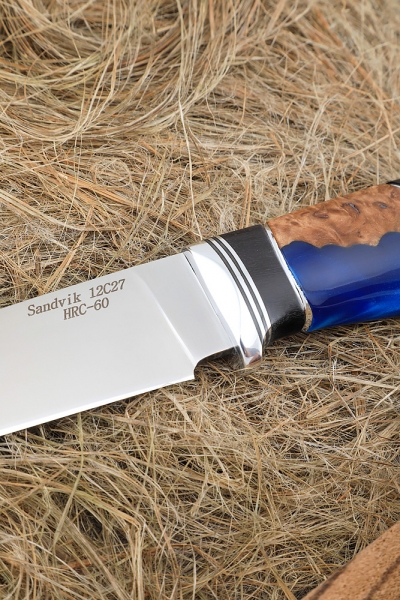 Нож Барс Sandvik рукоять черный граб карельская береза акрил синий