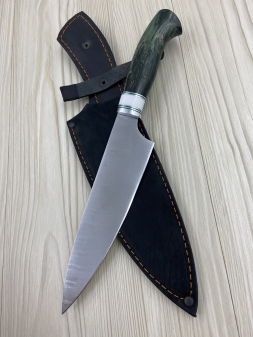 Кухонный нож Шеф № 13 дамаск никелированный рукоять стабилизированная карельская береза зеленая