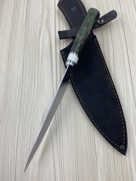Кухонный нож Шеф № 13 дамаск никелированный рукоять стабилизированная карельская береза зеленая