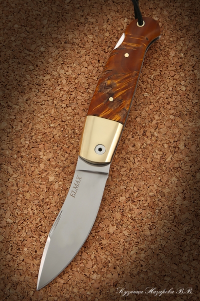 Нож складной Скат сталь Elmax накладки стабилизированная карельская береза (янтарная)