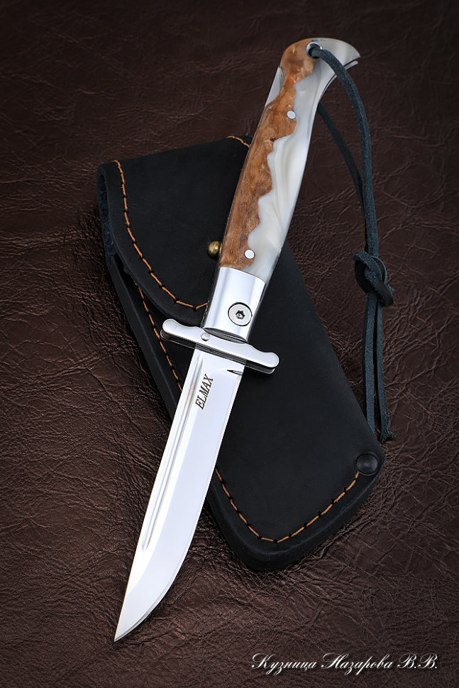 Нож Финка НКВД складная сталь Elmax накладки карельская береза акрил белый