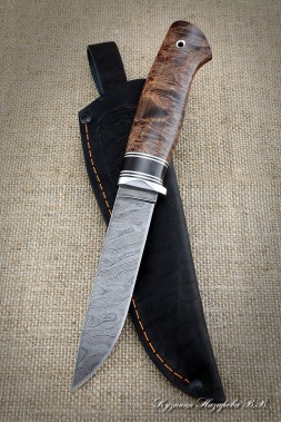 Knife Traveler Damascus handle black hornbeam Karelian birch brown
