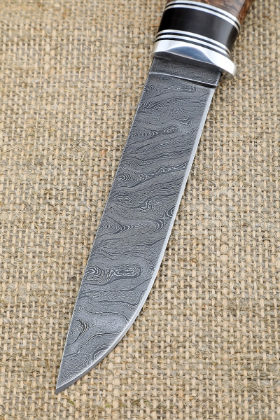 Knife Traveler Damascus handle black hornbeam Karelian birch brown