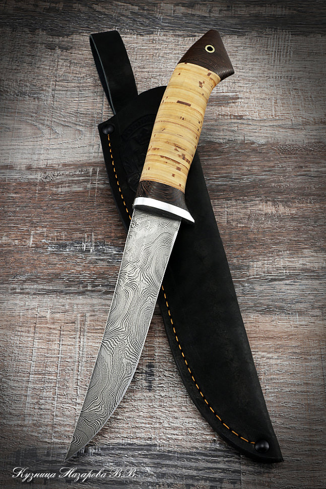 Нож Касатка малая филейный дамаск береста (надпись)
