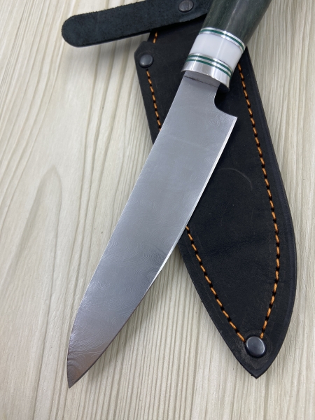 Кухонный нож Шеф № 3 дамаск никелированный рукоять стабилизированная карельская береза зеленая