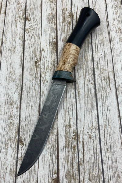 Нож "Кардинал" сталь дамаск, рукоять карельская береза янтарь и черный граб (распродажа)  