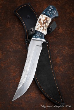 Knife from skates Karelian birch blue moose horn with a pattern