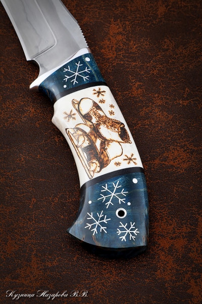 Knife from skates Karelian birch blue moose horn with a pattern