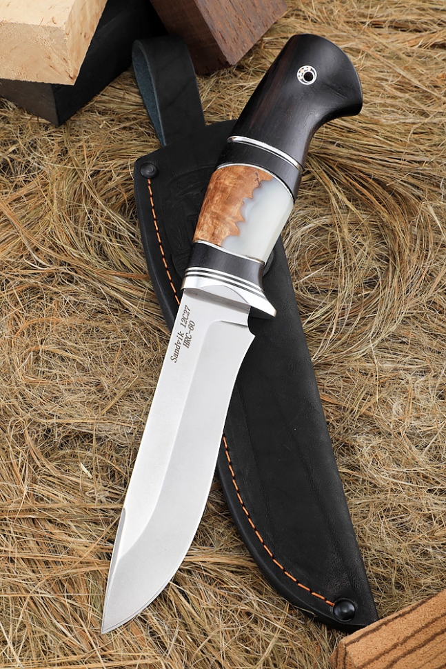 Нож Варан Sandvik рукоять черный граб карельская береза акрил белый