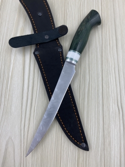 Кухонный нож Шеф № 6 дамаск никелированный рукоять стабилизированная карельская береза зеленая