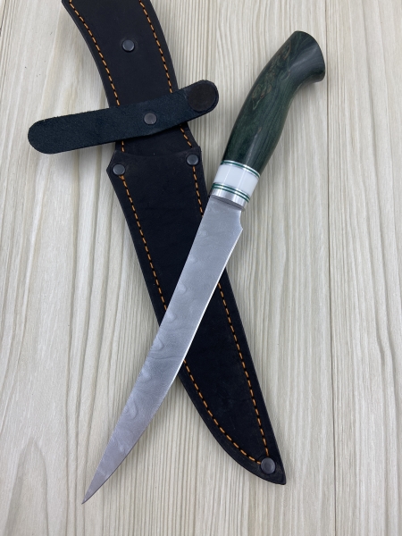Кухонный нож Шеф № 7 дамаск никелированный рукоять стабилизированная карельская береза зеленая