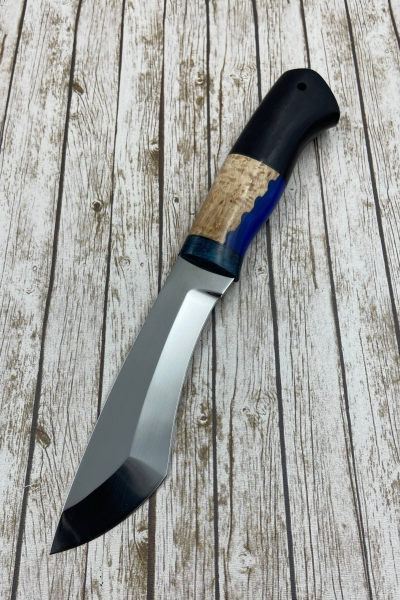 Нож "Каратель" сталь х12мф, рукоять гибрид: карельская береза янтарь и акрил синий,  черный граб (распродажа)  