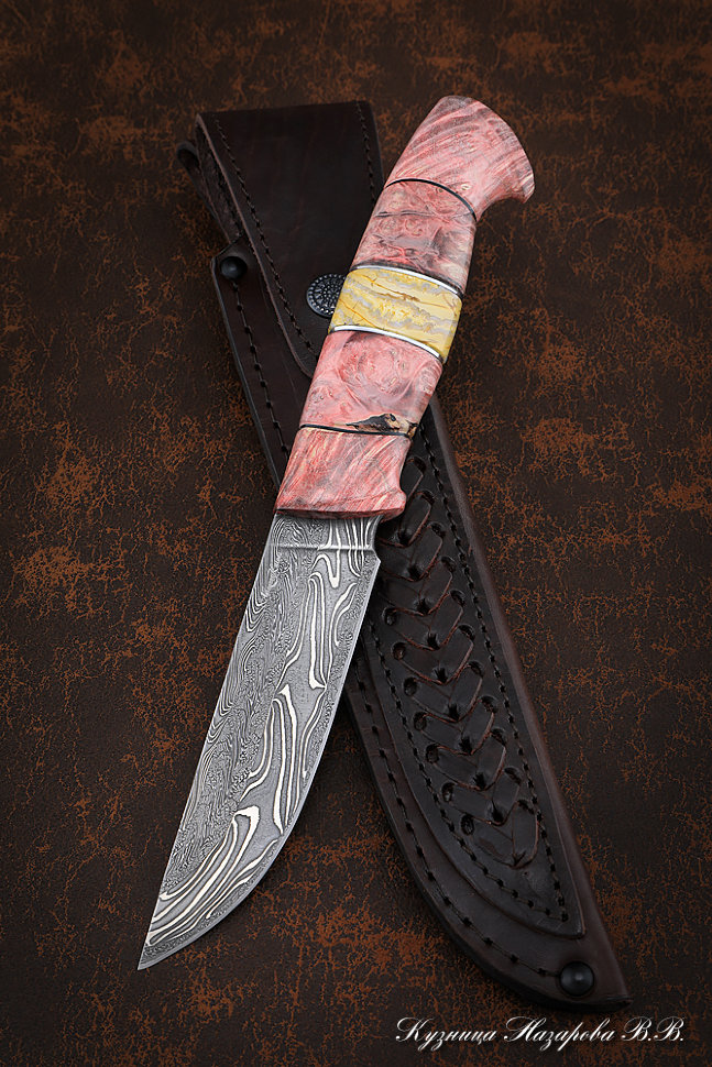 Нож Штык дамаск торцевой карельская береза красная кость мамонта на подставке
