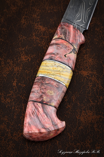 Knife Bayonet Damascus butt Karelian birch red mammoth bone on a stand